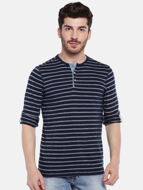

SPYKAR Men Navy Blue Striped Henley Neck Pure Cotton T-shirt