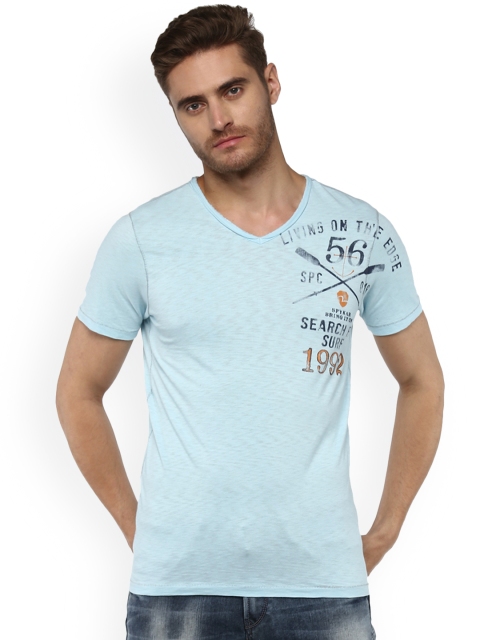 

SPYKAR Men Blue Printed V-Neck T-shirt