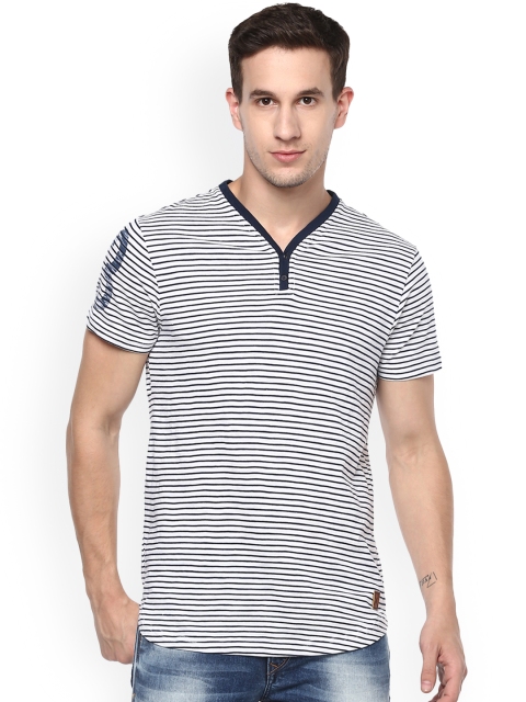

SPYKAR Men Navy Blue Striped Henley Neck Pure Cotton T-shirt