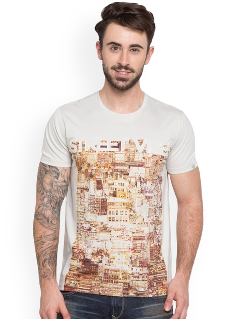 

SPYKAR Men Beige Printed Round Neck Pure Cotton T-shirt
