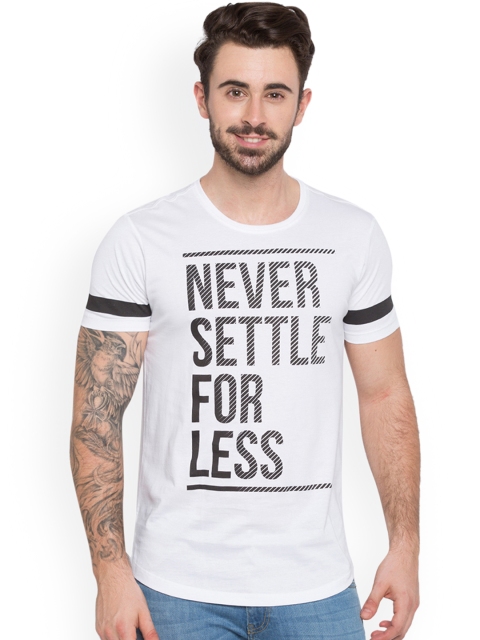 

SPYKAR Men White Printed Round Neck Pure Cotton T-shirt