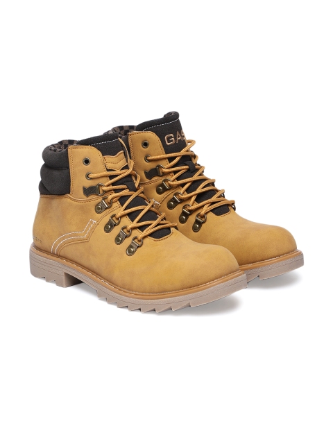 

GAS Men Mustard Solid Leather Ranier Mid-Top Flat Boots