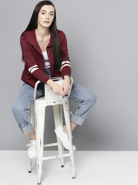 

Harpa Women Maroon Solid Hooded Sweatshirt