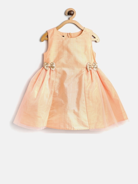 

pspeaches Girls Peach-Coloured & Golden Checked A-Line Dress