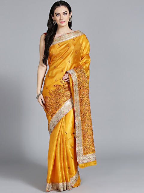 

Chhabra 555 Mustard Yellow & Red Embroidered Tussar Saree