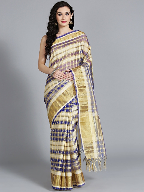 

Chhabra 555 Beige & Navy Blue Checked Saree