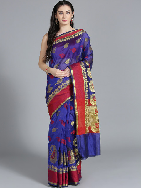 

Chhabra 555 Navy Blue & Maroon Woven Design Chanderi Saree