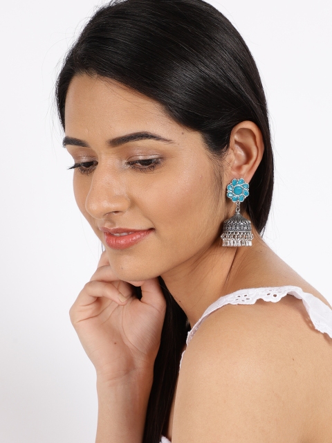 

Ayesha Silver-Toned & Blue Oxidized Dome Shaped Jhumkas