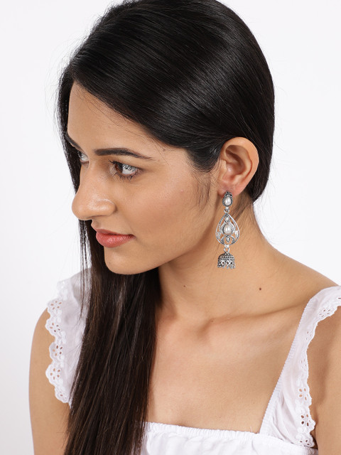 

Ayesha Silver-Toned Ethnic Oxidized Pearl Studded Dangler Earrings