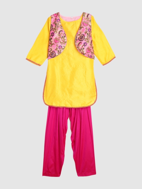 

YK Girls Yellow & Pink Solid Kurta with Salwar and Waistcoat