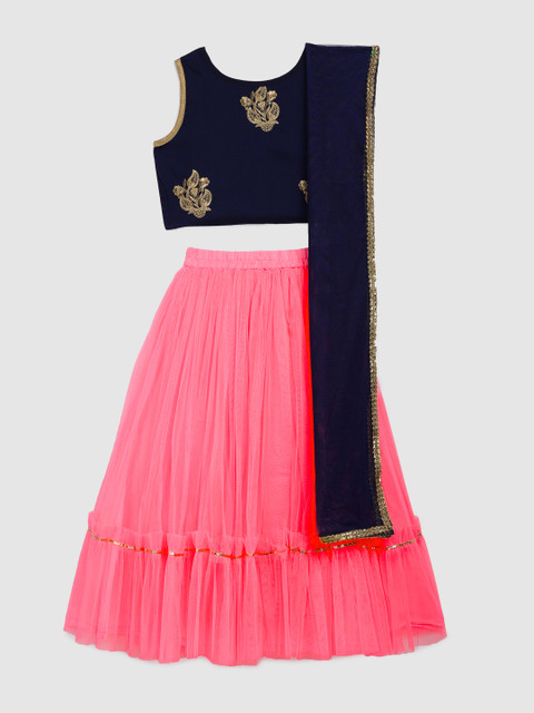 

YK Girls Navy Blue & Pink Embroidered Lehenga & Blouse with Dupatta