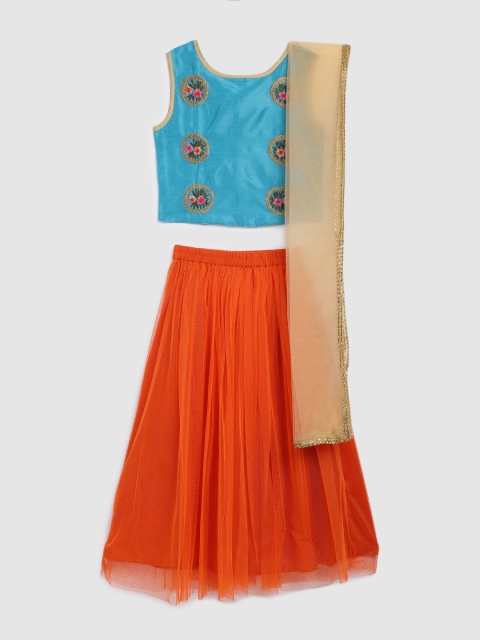 

YK Girls Blue & Orange Embroidered Lehenga & Blouse with Dupatta