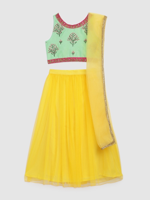 

YK Girls Green & Yellow Embroidered Lehenga & Blouse with Dupatta
