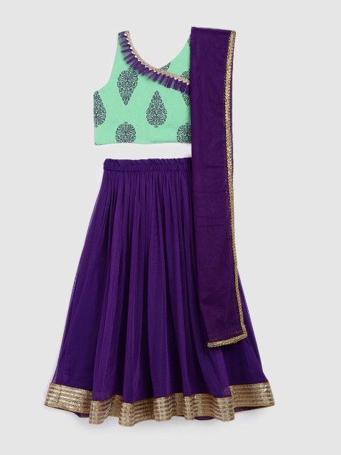 

YK Girls Green & Purple Printed Lehenga & Blouse with Dupatta