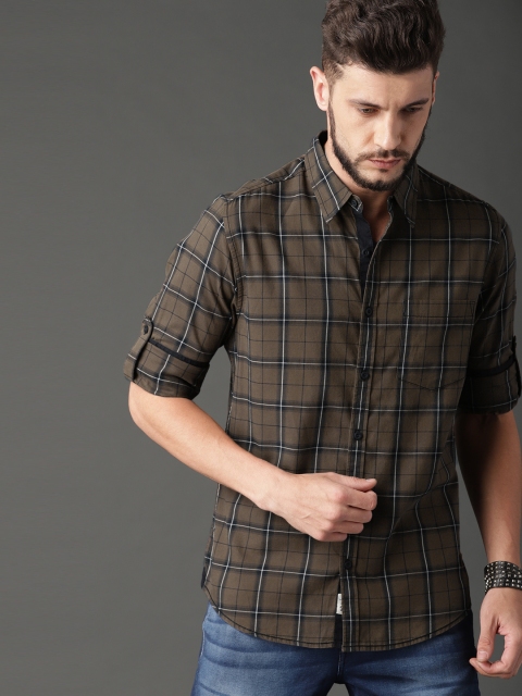 

Roadster Men Olive Green & Black Regular Fit Checked Casual Shirt