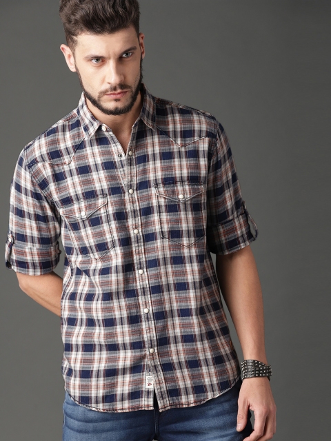 

Roadster Men Navy Blue Washed Indigo Checked Casual Shirt