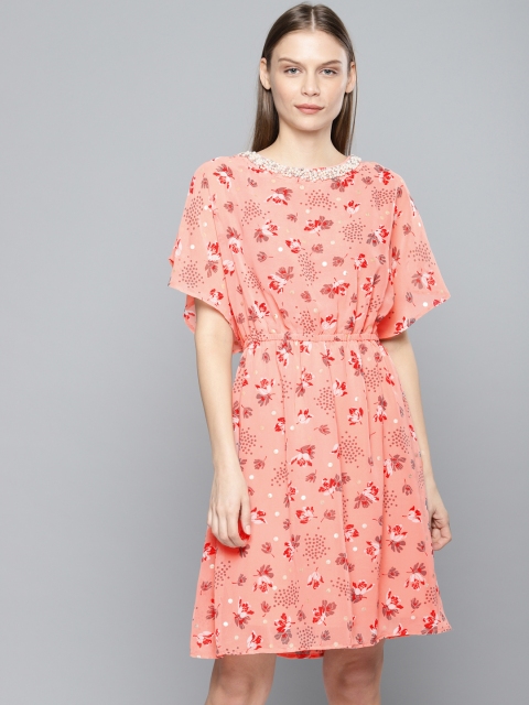 

Chemistry Women Peach Printed Fit and Flare Dress with Embellished Detail