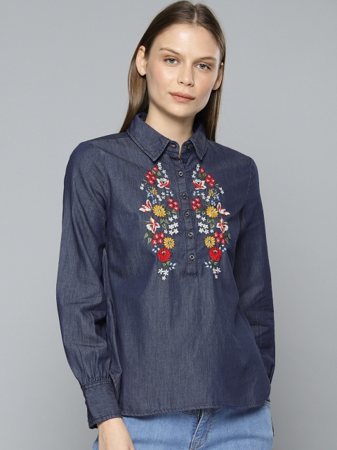 

Chemistry Women Navy Blue Regular Fit Embroidered Casual Chambray Shirt
