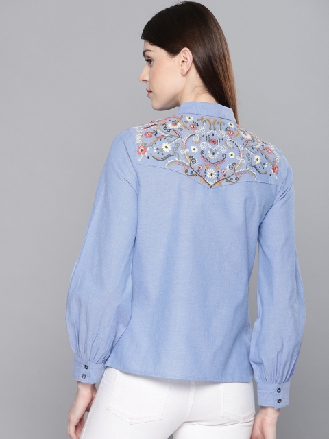 

Chemistry Women Blue Regular Fit Embroidered Chambray Casual Shirt