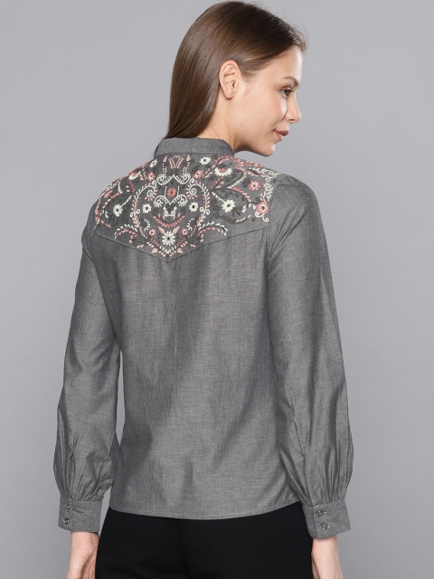 

Chemistry Women Grey Embroidered Chambray Shirt