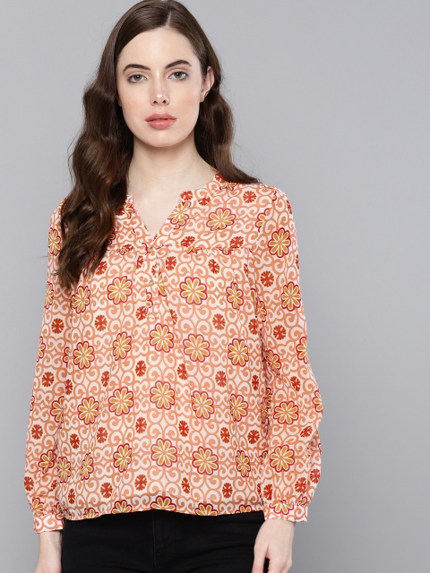 

Chemistry Women White & Peach-Coloured Printed Shirt Style Top