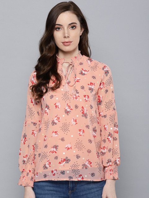 

Chemistry Women Peach-Coloured & Grey Printed Top