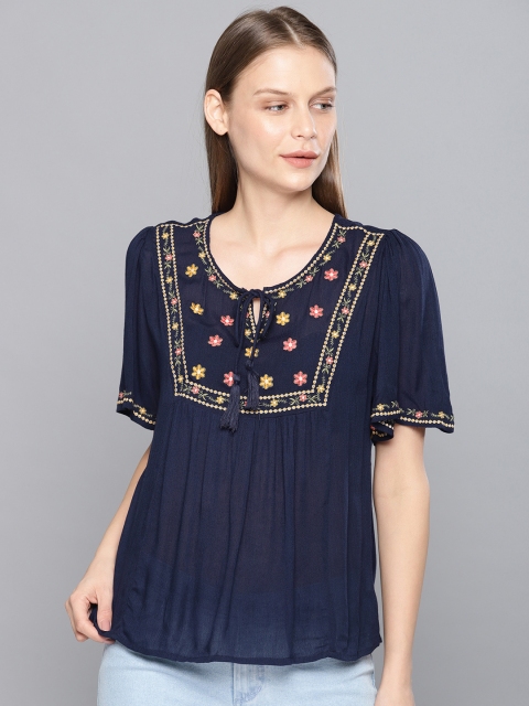 

Chemistry Women Navy Blue Embroidered Top