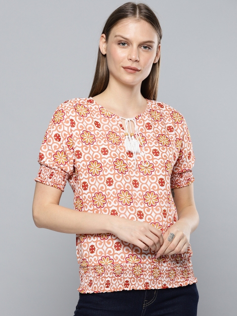 

Chemistry Women White & Orange Printed Blouson Top