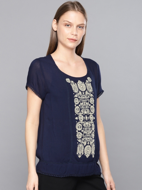 

Chemistry Women Navy Blue & Off-White Embroidered Top