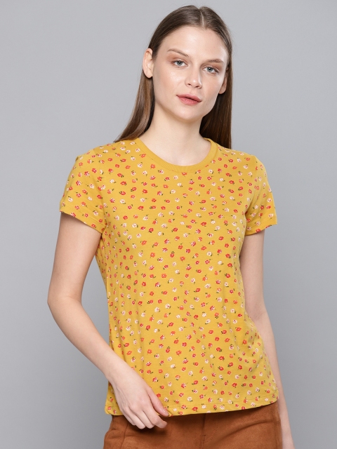 

Chemistry Women Mustard Yellow Printed Round Neck Pure Cotton T-shirt