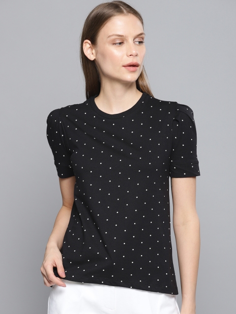 

Chemistry Women Black White Printed Round Neck Pure Cotton T-shirt