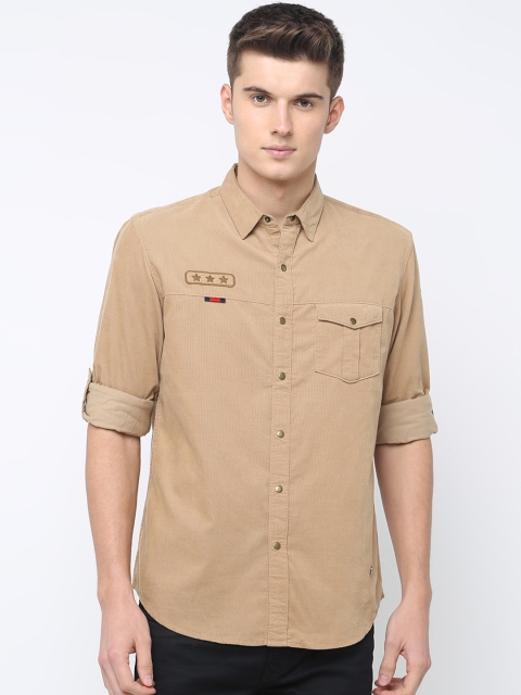 

Basics Men Beige Corduroy Slim Fit Solid Casual Shirt