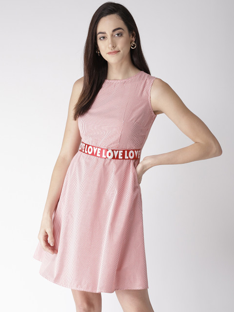 

Madame Women White & Red Striped Fit and Flare Dress