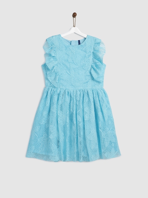 

YK Girls Blue Self-Design Fit and Flare Dress