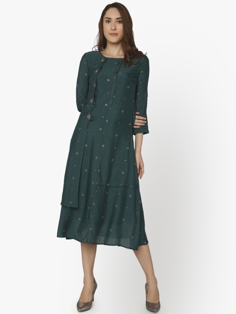

RAISIN Women Green Embellished A-Line Dress