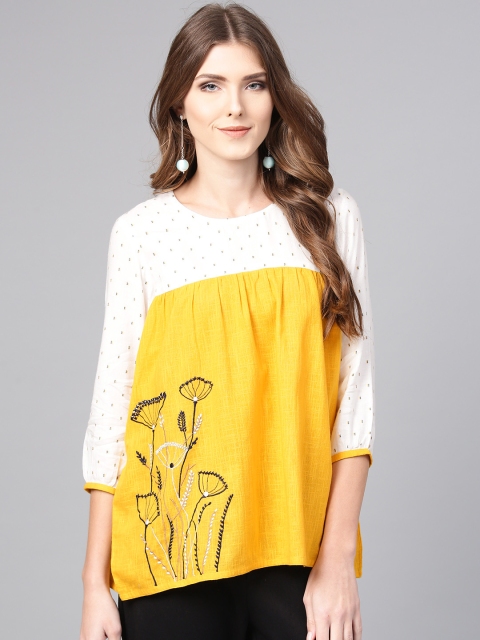 

Jaipur Kurti Women Mustard Yellow and White Self-Design A-Line Top