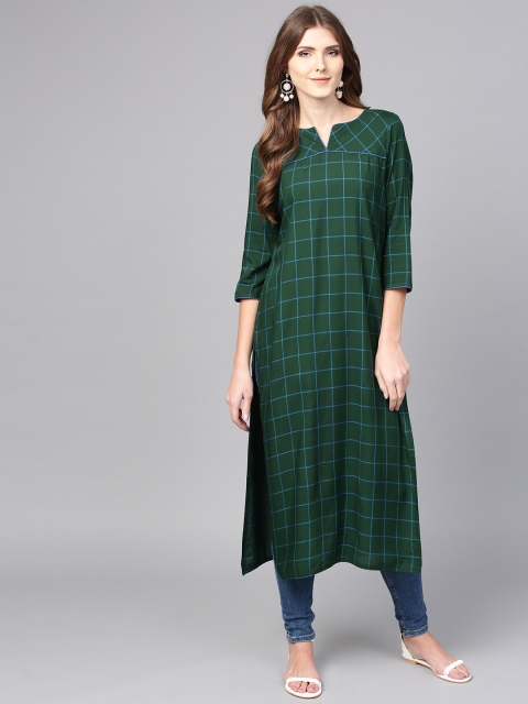 

Jaipur Kurti Women Green Checked Straight Kurta