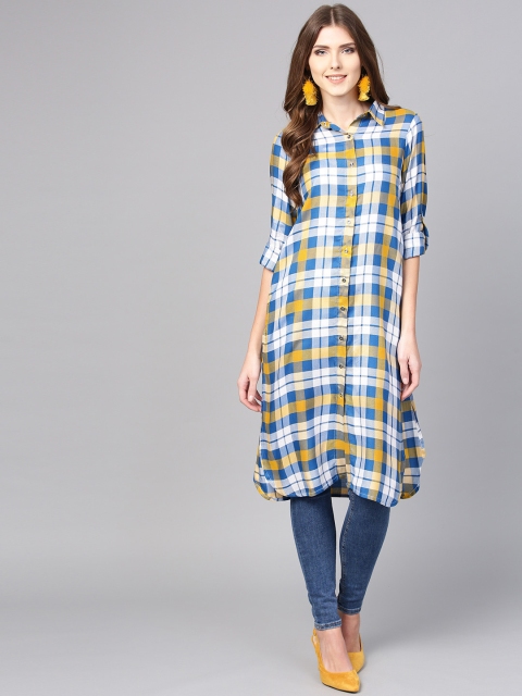 

Jaipur Kurti Women Blue & White Checked Pathani Kurta