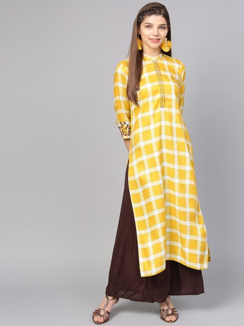 

Jaipur Kurti Women Yellow Checked Straight Kurta