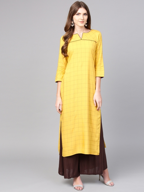 

Jaipur Kurti Women Mustard Yellow Checked Yarn Dyed Straight Kurta