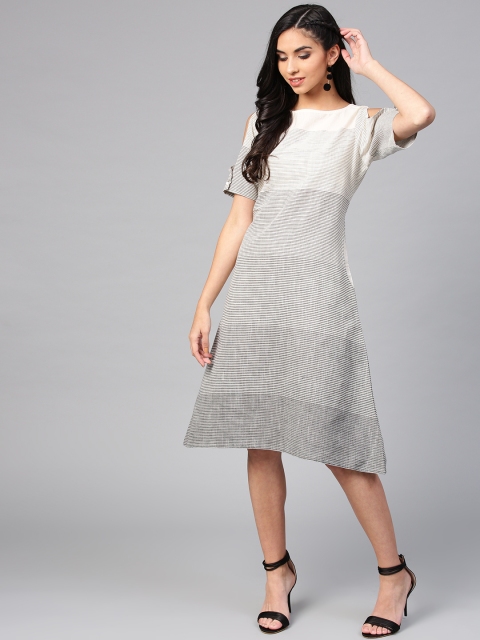 

Jaipur Kurti Women Off-White & Grey Striped Midi A-Line Dress