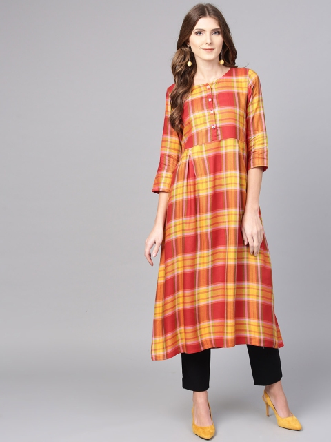 

Jaipur Kurti Women Red & Yellow Checked A-Line Kurta