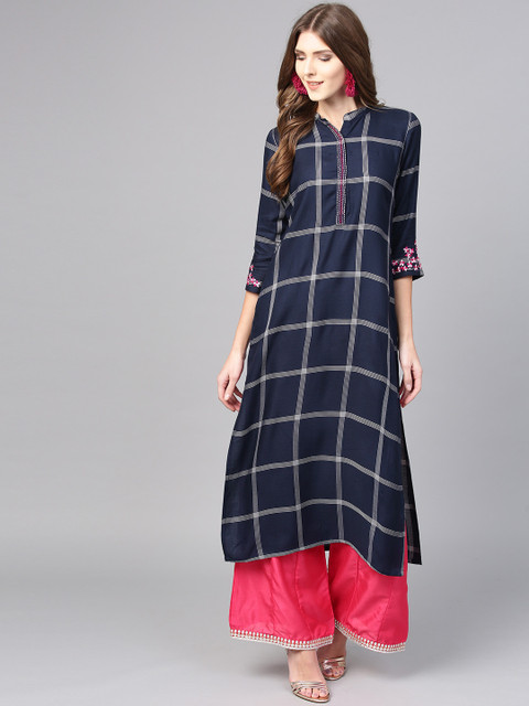 

Jaipur Kurti Women Navy Blue & White Checked A-Line Kurta