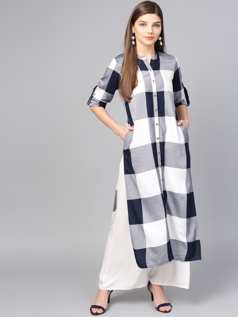 

Jaipur Kurti Women Navy Blue & White Checked Straight Kurta