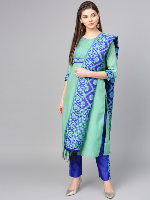 

Jaipur Kurti Women Sea Green & Blue Yoke Design Kurta with Trousers & Dupatta