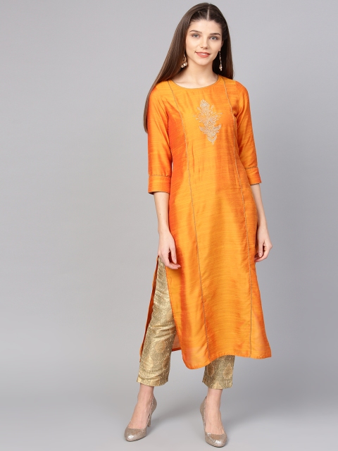 

Jaipur Kurti Women Orange Yoke Design Straight Kurta