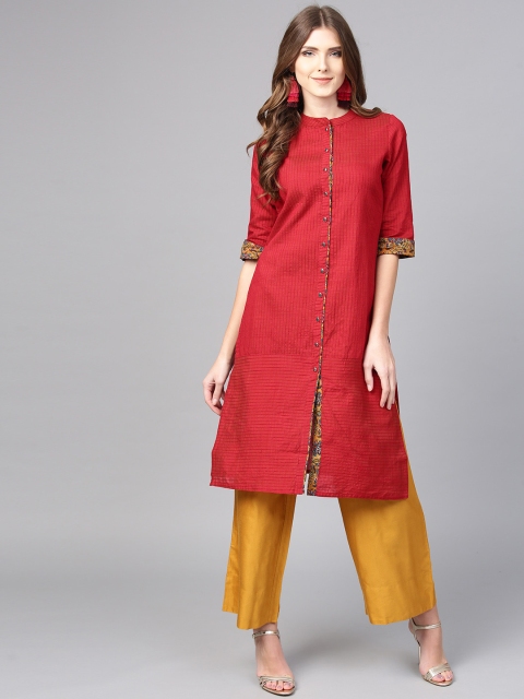 

Jaipur Kurti Women Maroon Self Striped Straight Kurta