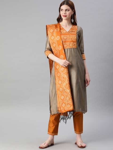 

Jaipur Kurti Women Grey & Mustard Brown Yoke Design Kurta with Trousers & Dupatta