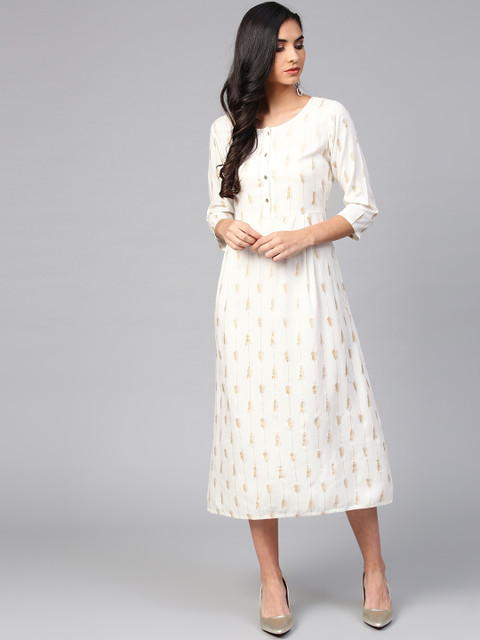 

Jaipur Kurti Women Off-White & Golden Printed Striped Midi A-Line Dress