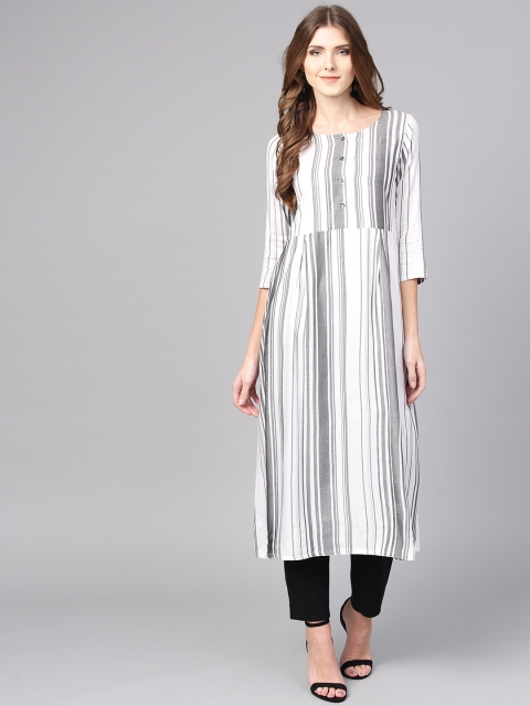 

Jaipur Kurti Women White & Grey Striped A-Line Kurta